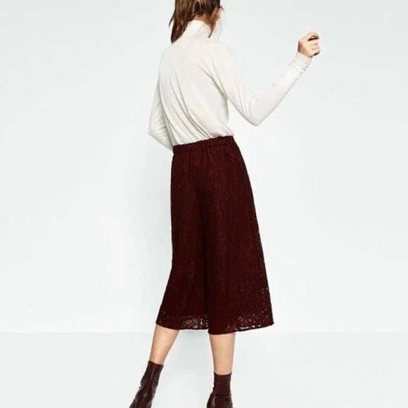 Zara Womens Lace floral Culottes Trousers Pants Wide Leg Burgundy Medium - Picture 2 of 5